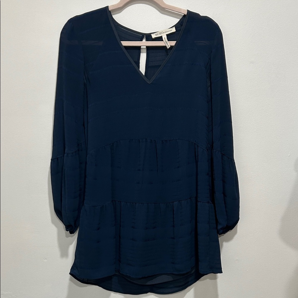 BCBGeneration Navy V-Neck Tiered Long Sleeve Dress
